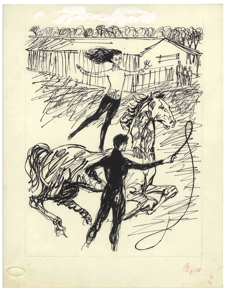 Bernard Krigstein Illustration of a Girl on Horseback Done for the Novel ''Borrowed Treasure''